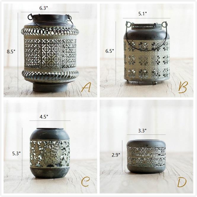 Four decorative lanterns with measurements on a white background