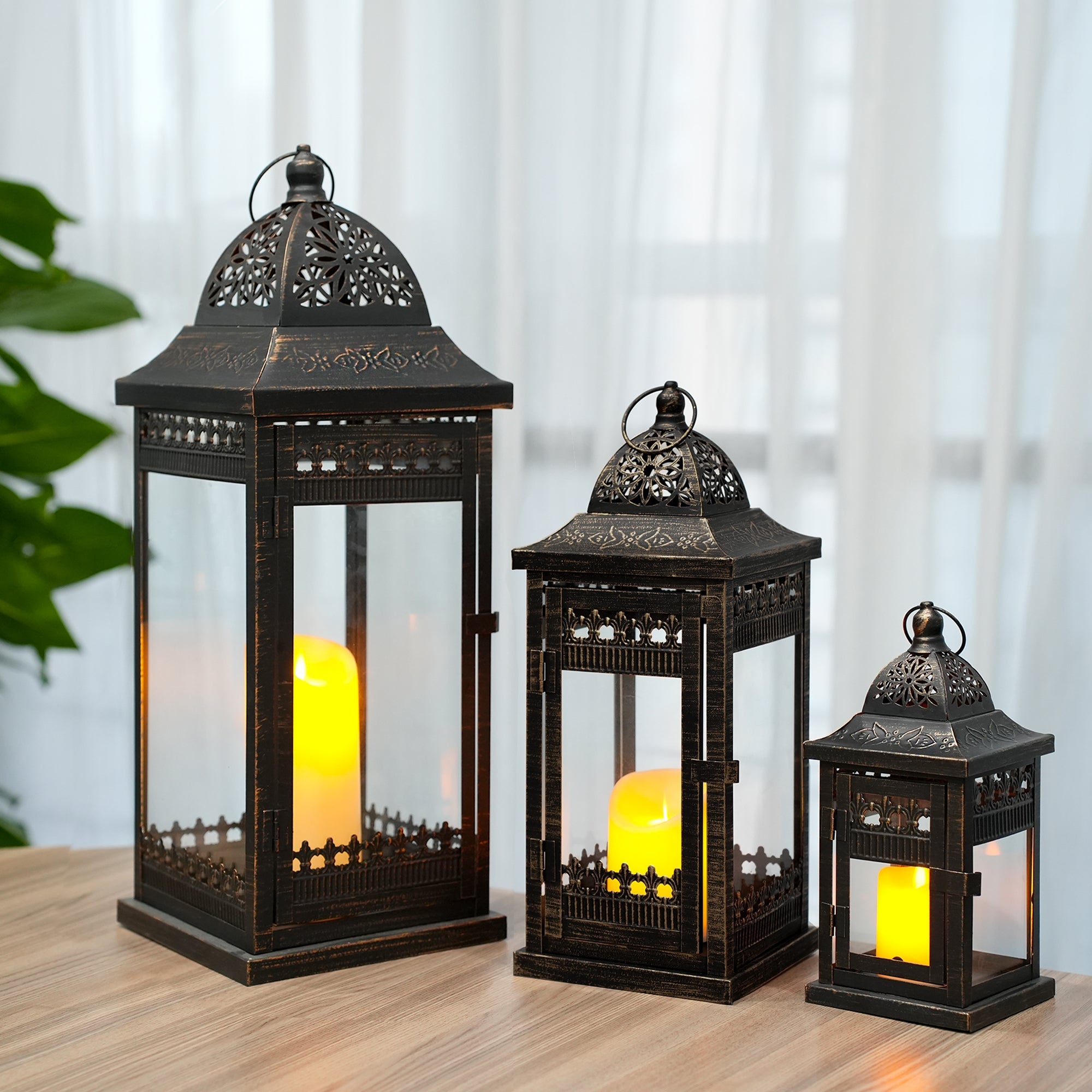 9.5"&14.5"&20" High Decorative Candle Lanterns ( Set of 3） decorative candle lanterns with nature-inspired artwork - product view 2