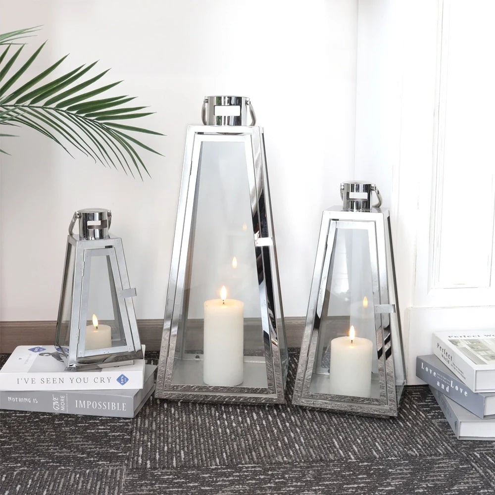 Set of 3 decorative candle lanterns with nature-inspired artwork - product view 3