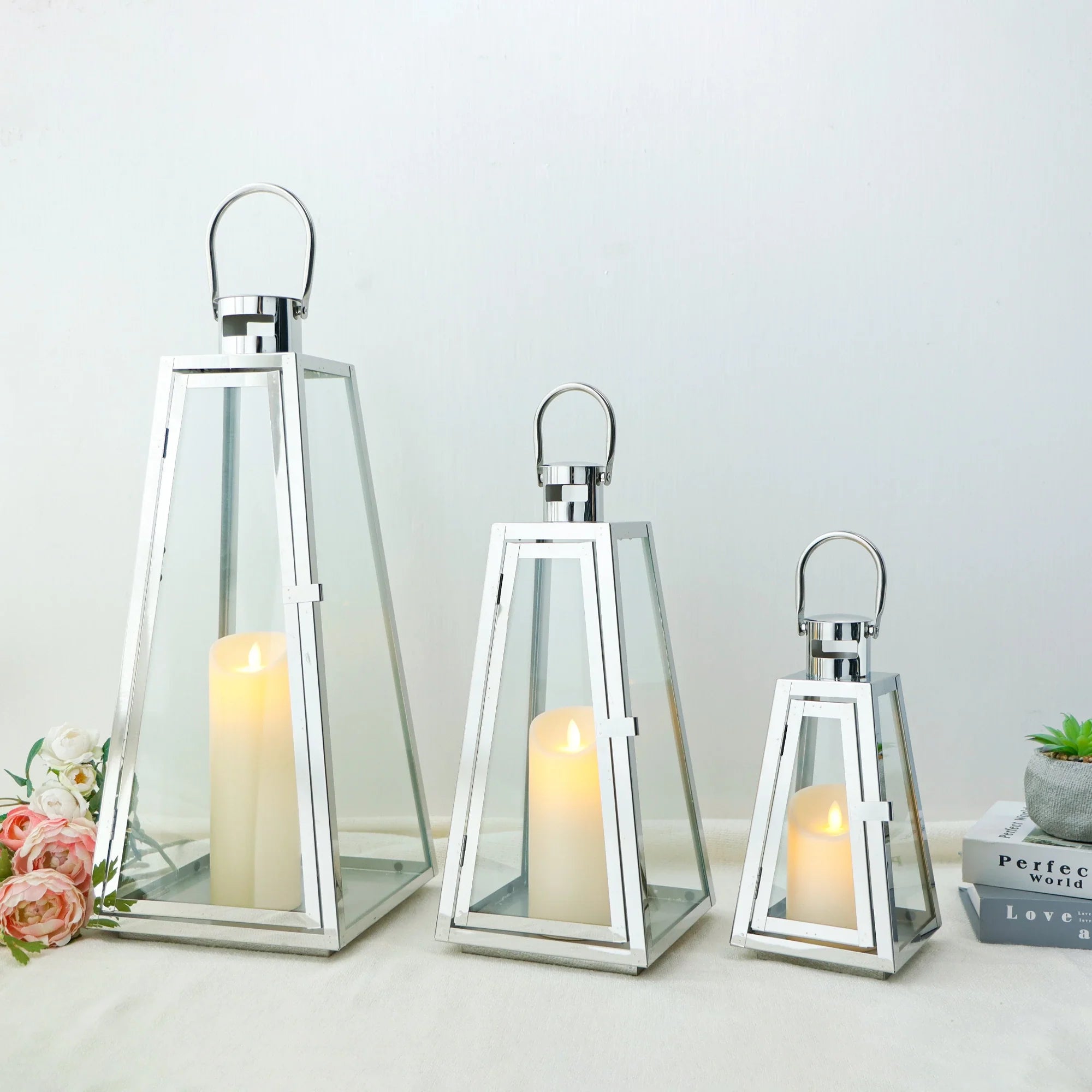 Set of 3 decorative candle lanterns with nature-inspired artwork - product view 4