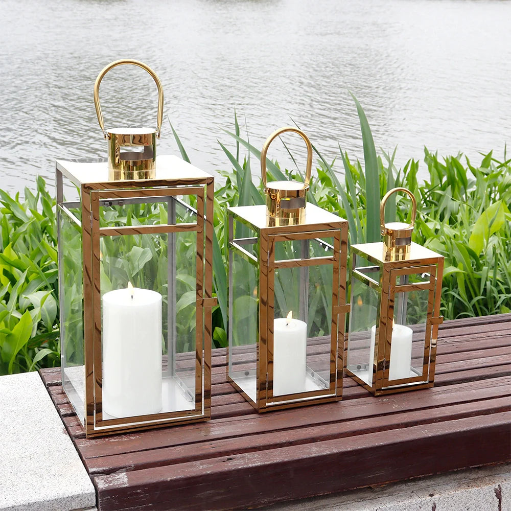 Set of 3 Stainless Steel Lantern (12/15/19'') decorative candle lanterns with nature-inspired artwork