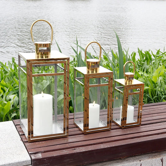 Set of 3 Stainless Steel Lantern  (12/15/19'') -Gold