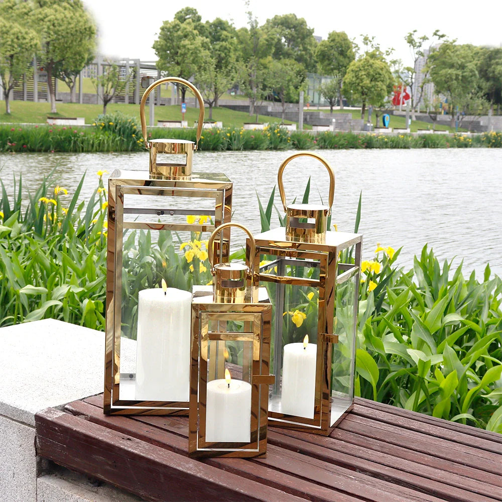 Set of 3 Stainless Steel Lantern (12/15/19'') decorative candle lanterns with nature-inspired artwork - product view 2
