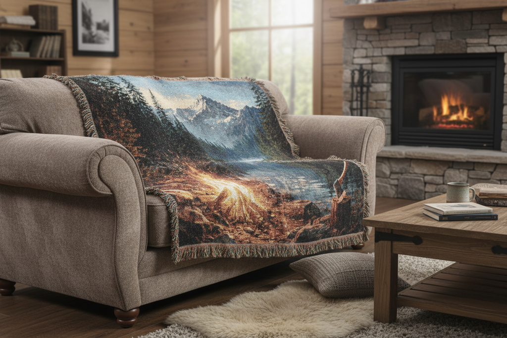 Mountain Campfire Woven Blanket Mockup