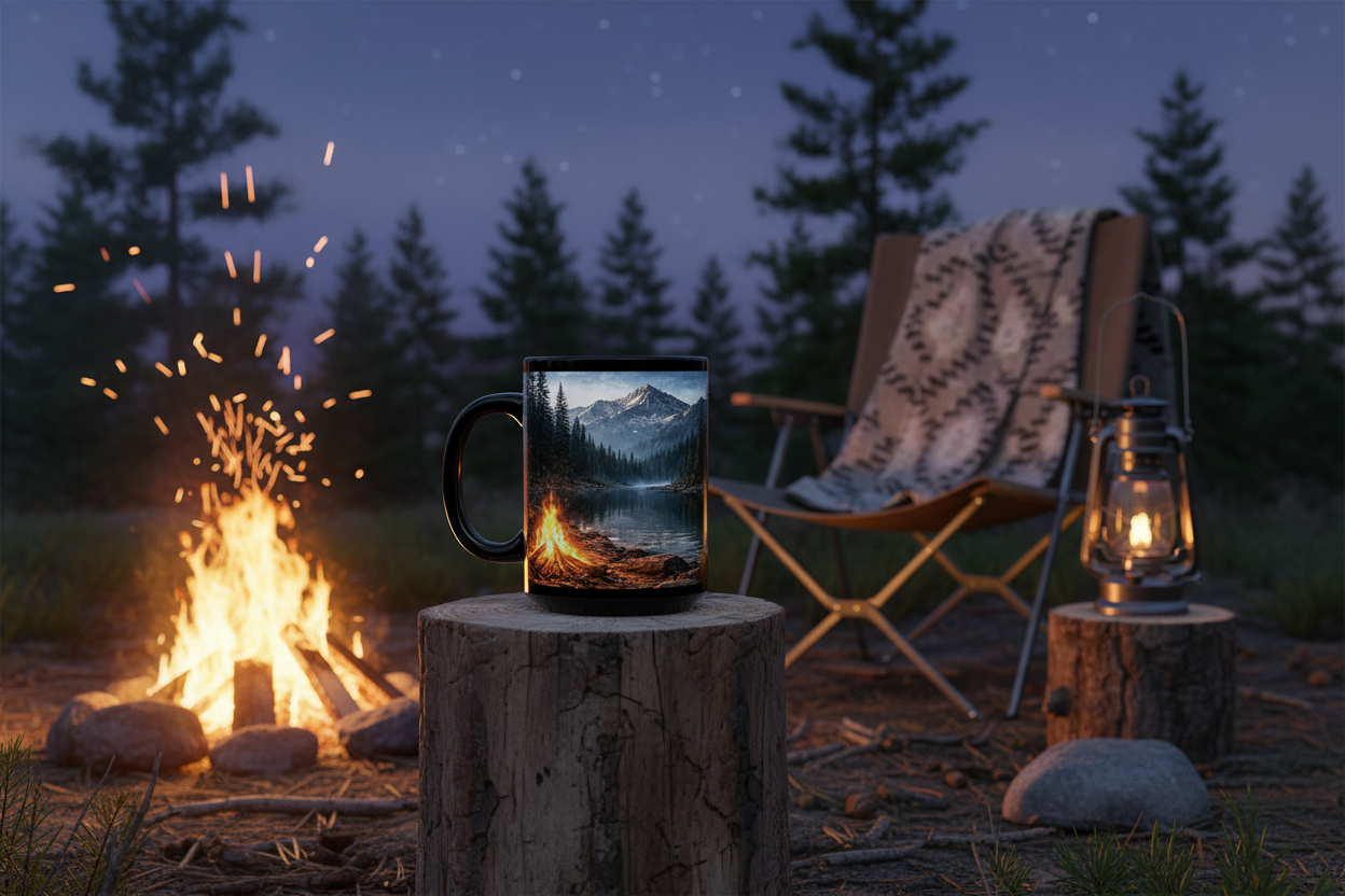 Mountain Lake Mug Campfire Scene