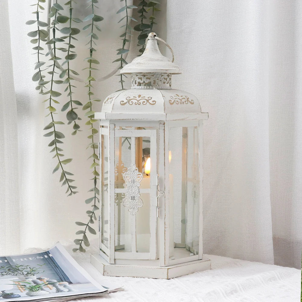 12" H Medium Candle Lantern(white with Gold Brush) decorative candle lantern with nature-inspired artwork