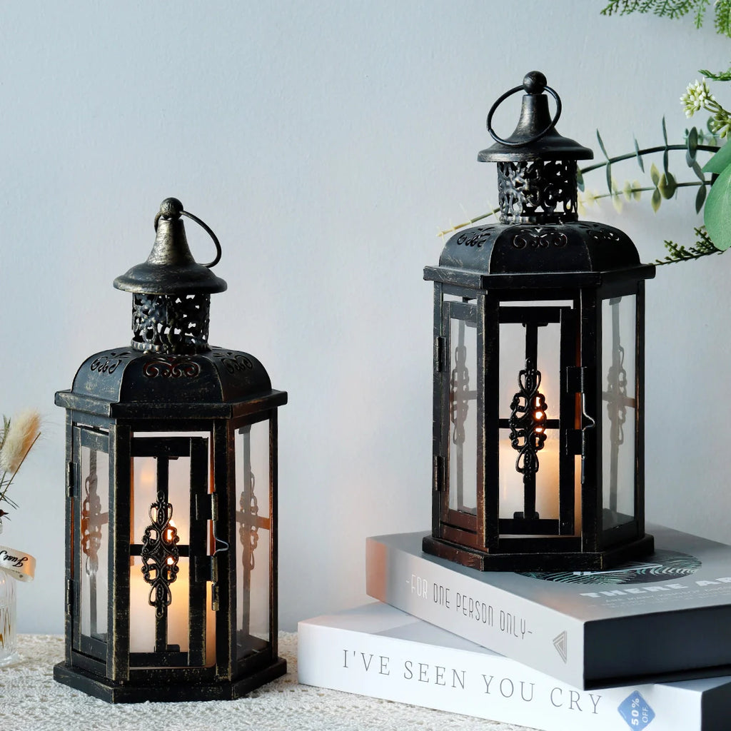 12“h Medium Metal Candle Holder(black with Gold Brush) decorative candle lantern with nature-inspired artwork