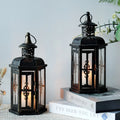 12“h Medium Metal Candle Holder(black with Gold Brush) decorative candle lantern with nature-inspired artwork