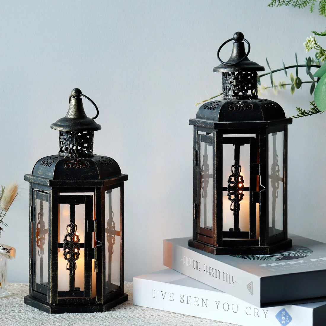 12“h Medium Metal Candle Holder(black with Gold Brush) decorative candle lantern with nature-inspired artwork