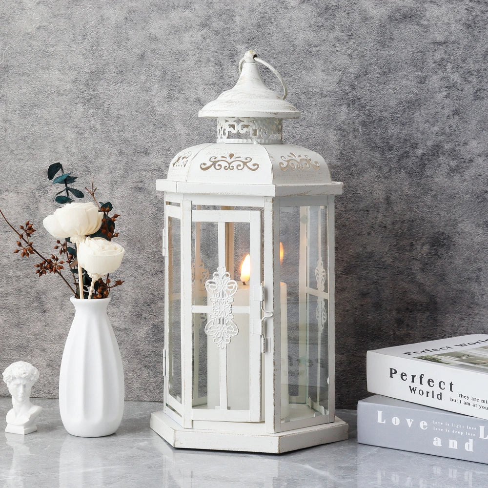 12" H Medium Candle Lantern(white with Gold Brush) decorative candle lantern with nature-inspired artwork - product view 2