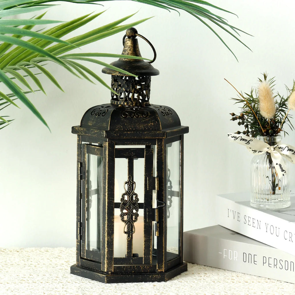12“h Medium Metal Candle Holder(black with Gold Brush) decorative candle lantern with nature-inspired artwork - product view 2