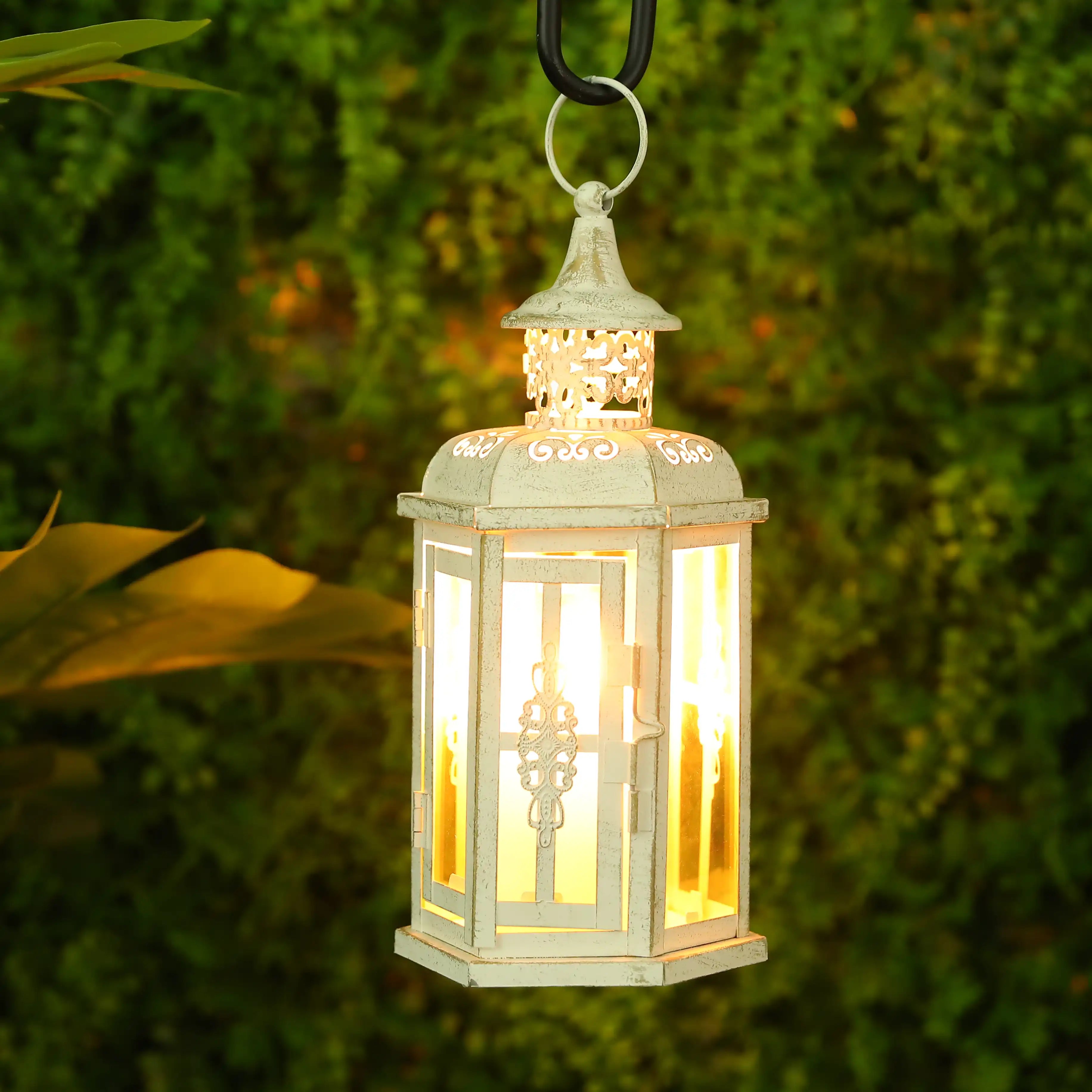10 Inch High Vintage Style Hanging Lantern Metal Candleholder decorative candle lanterns with nature-inspired artwork