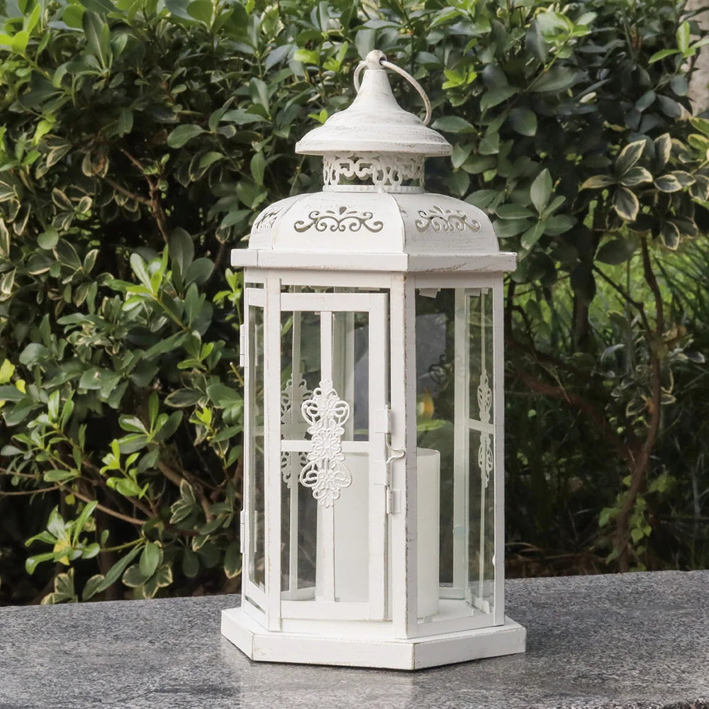 12" H Medium Candle Lantern(white with Gold Brush) decorative candle lantern with nature-inspired artwork - product view 3