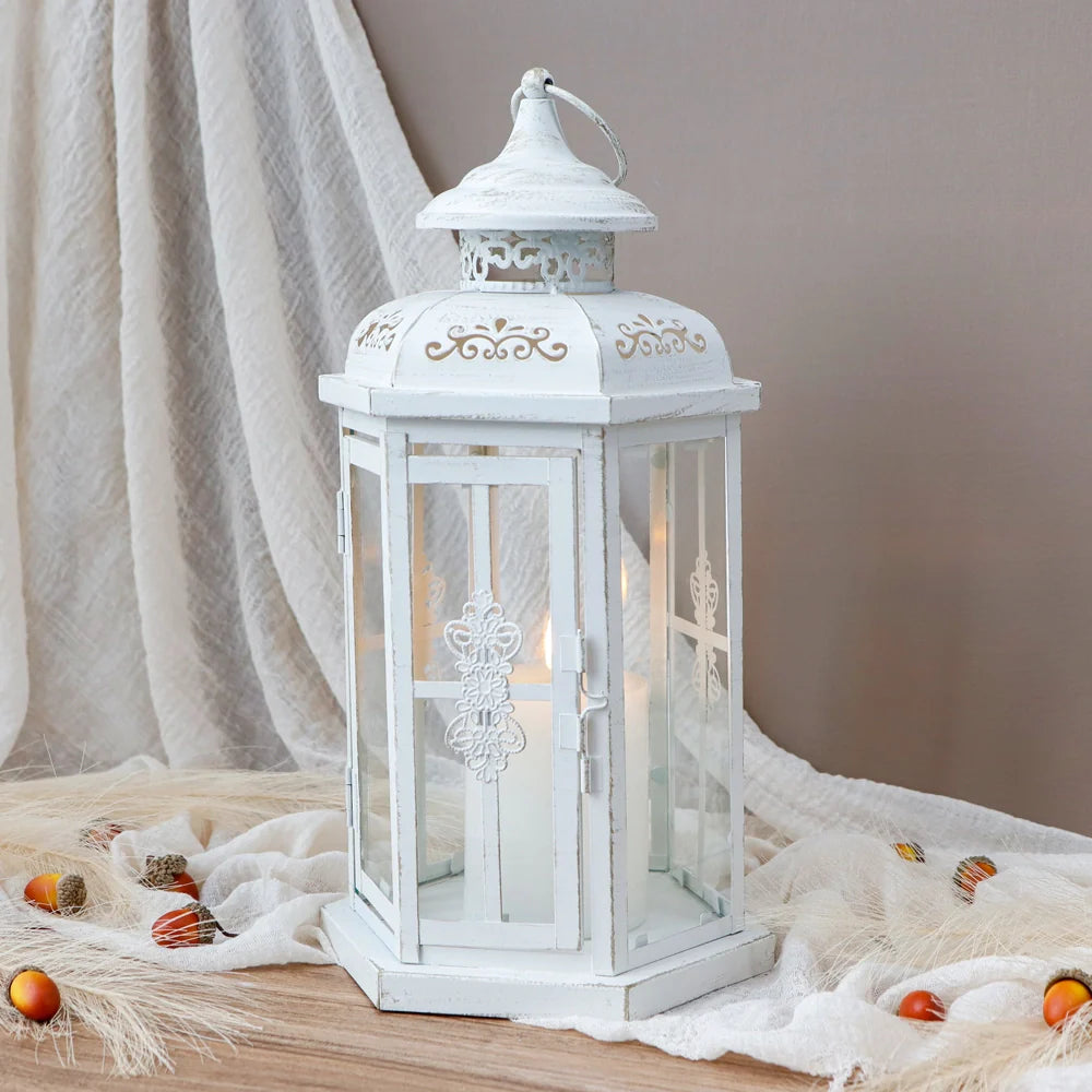 12" H Medium Candle Lantern(white with Gold Brush) decorative candle lantern with nature-inspired artwork - product view 4