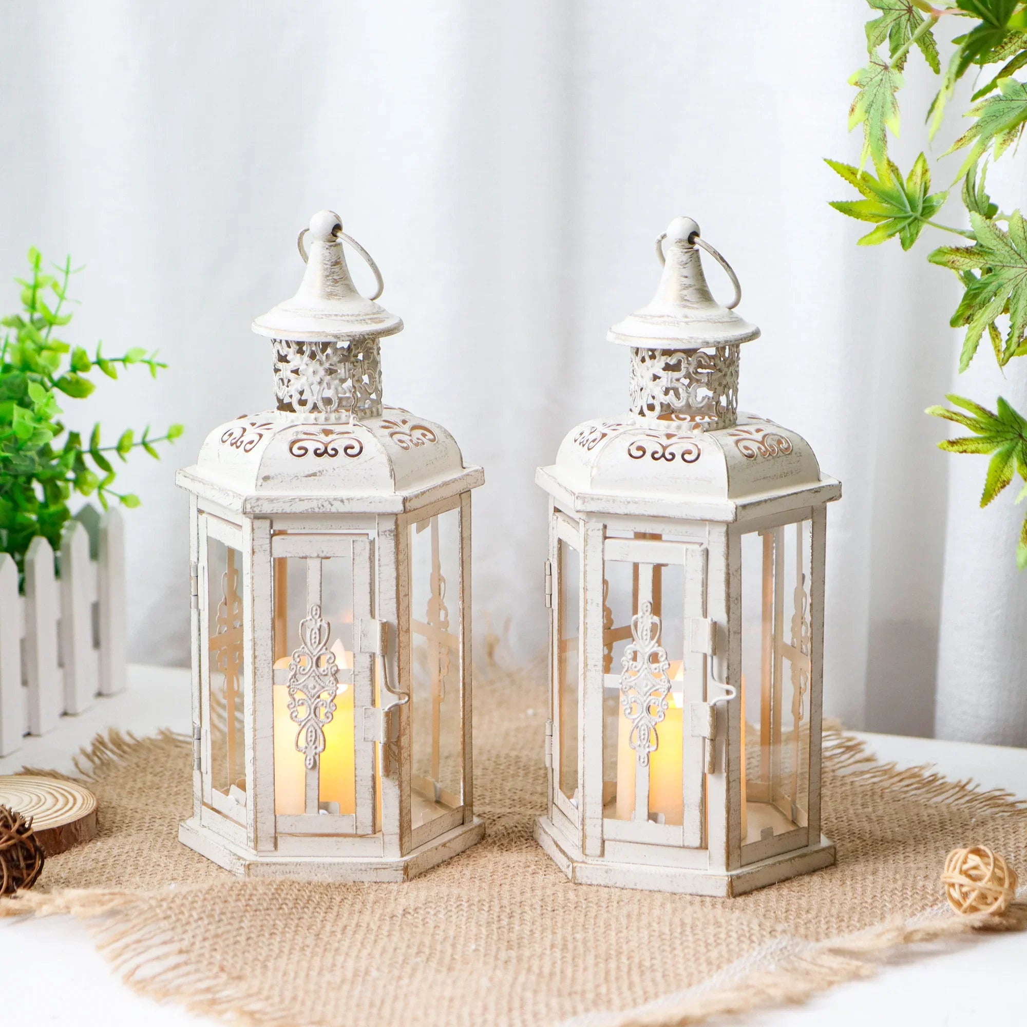 10 Inch High Vintage Style Hanging Lantern（set of 2 ） decorative candle lanterns with nature-inspired artwork