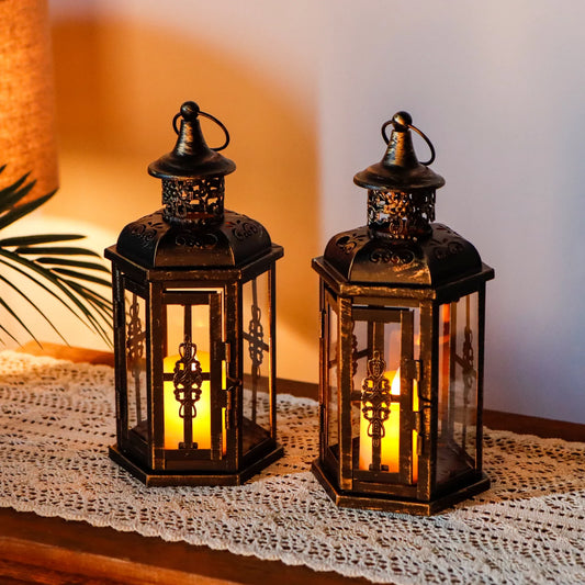 Set of 2 Decorative Lanterns -10 inch High Vintage Style Hanging Lantern