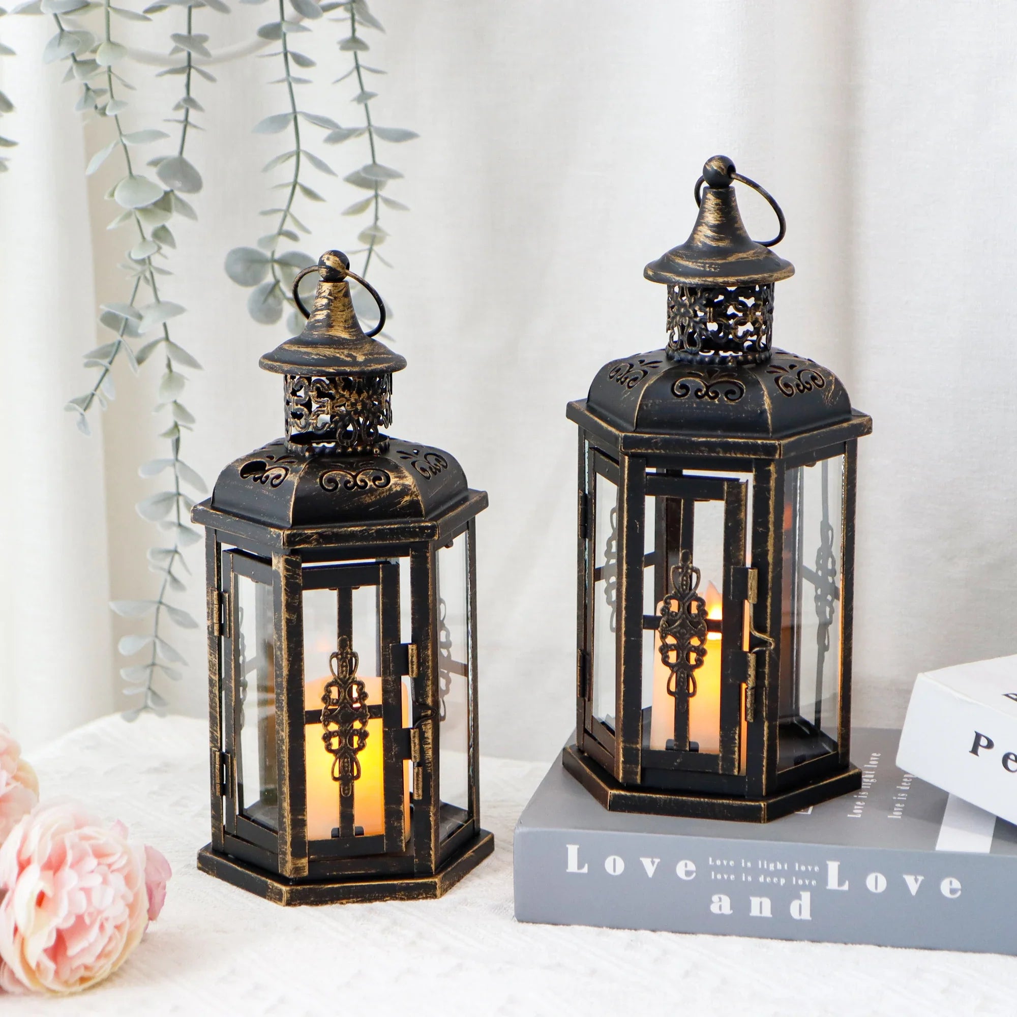 Set of 2 Decorative Lanterns decorative candle lanterns with nature-inspired artwork - product view 2