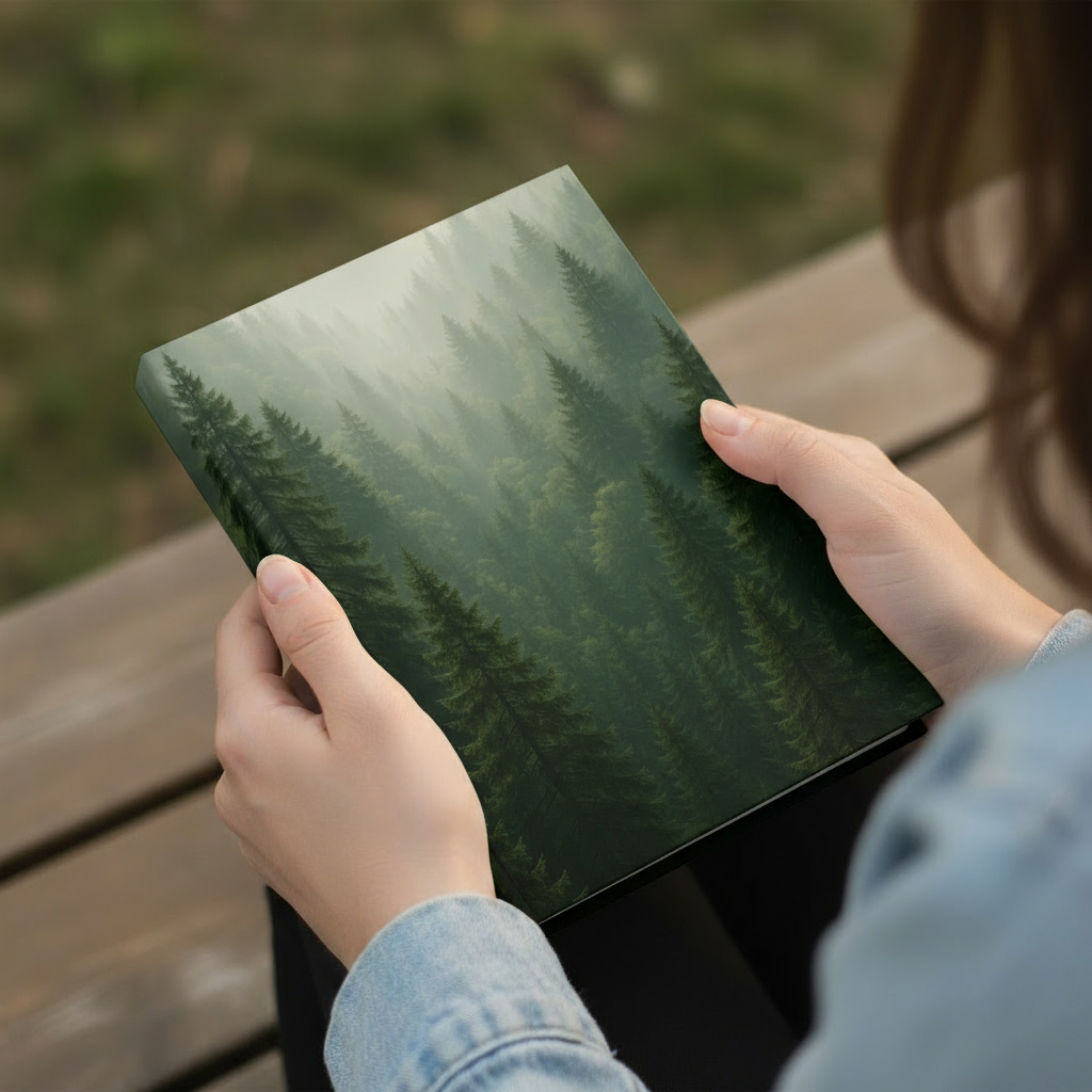 Person holding compact 5x7 inch forest journal