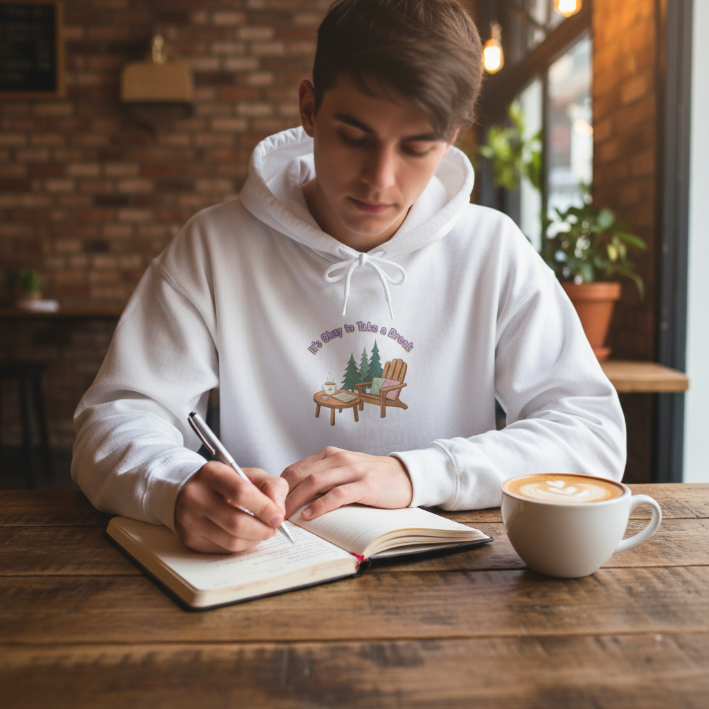 Person in hoodie journaling at cafe