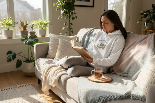 Person in hoodie relaxing at home