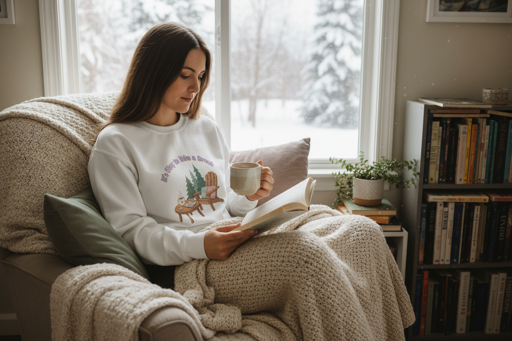 Person in sweatshirt in reading nook