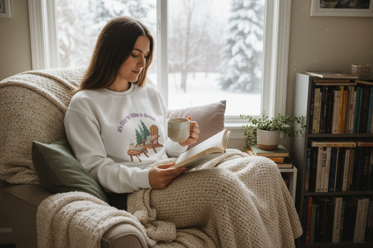 Person in sweatshirt in reading nook