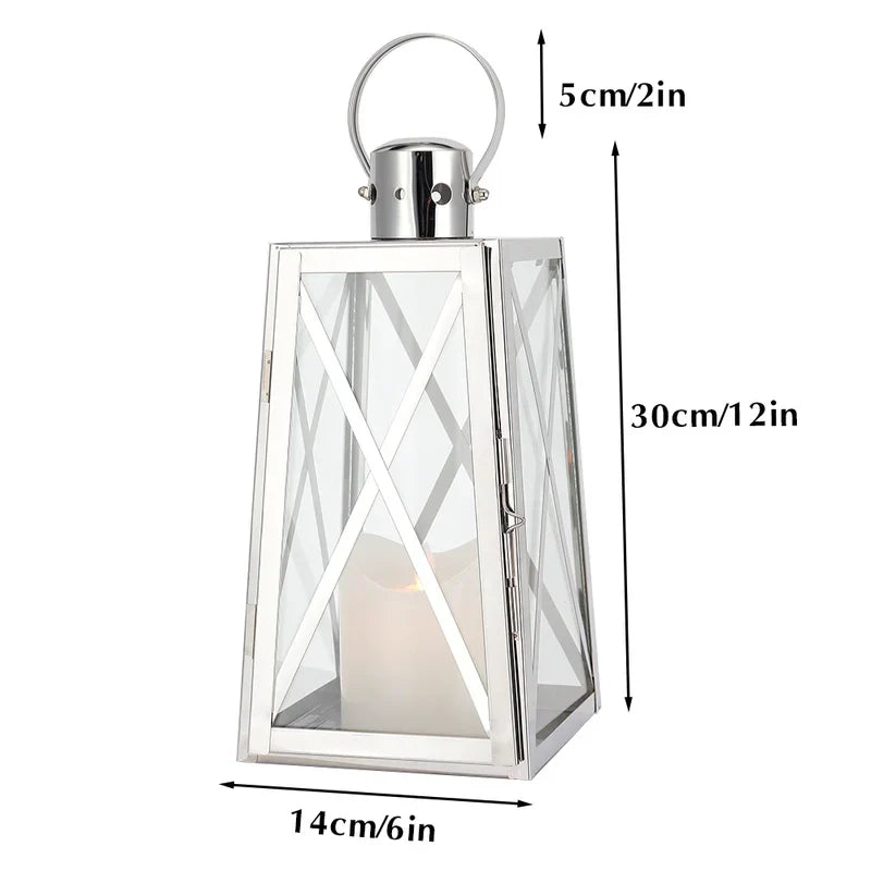 12''h Stainless Steel Decorative Lantern (trapezoid) decorative candle lanterns with nature-inspired artwork - product view 6