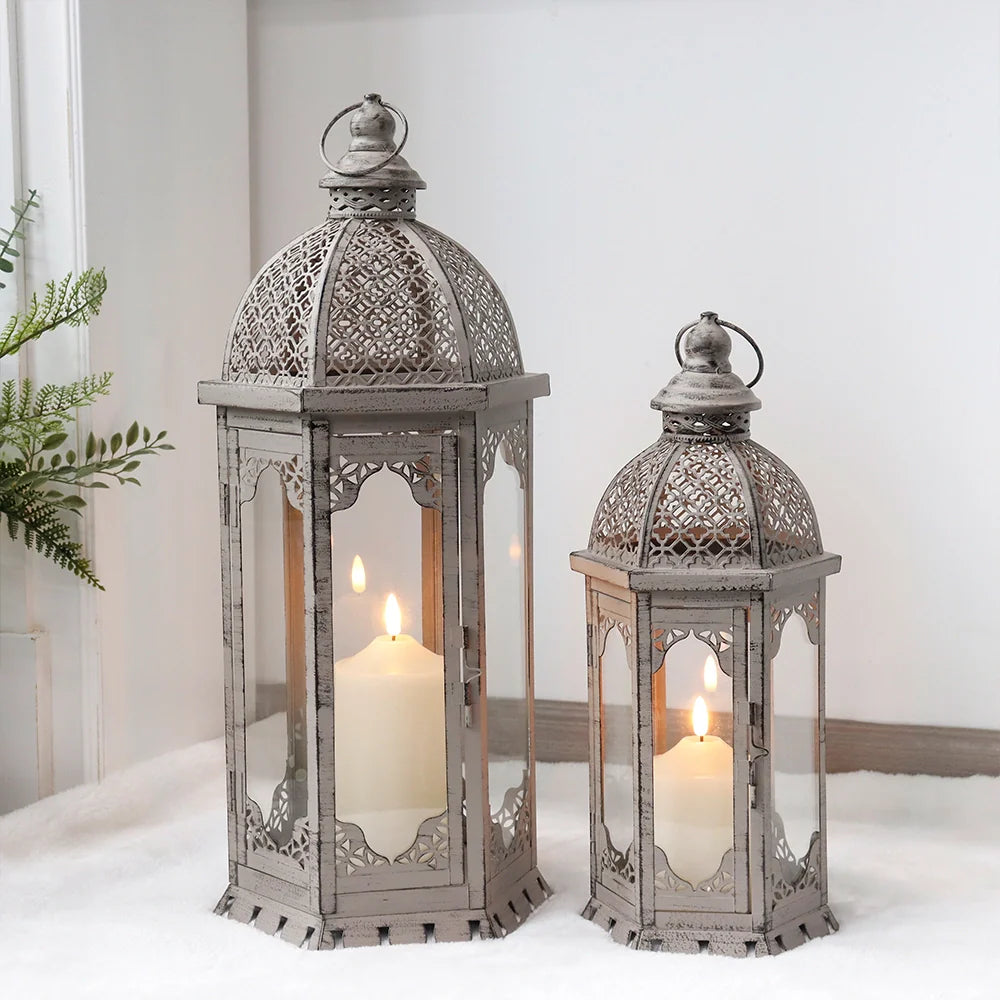 Set of 2 decorative candle lanterns with nature-inspired artwork