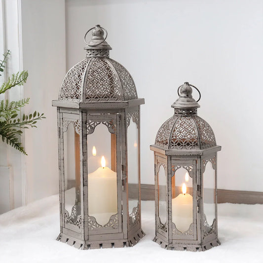 Set of 2-22"&17"H Vintage Metal Candle Lanterns(Grey with Black Brush)