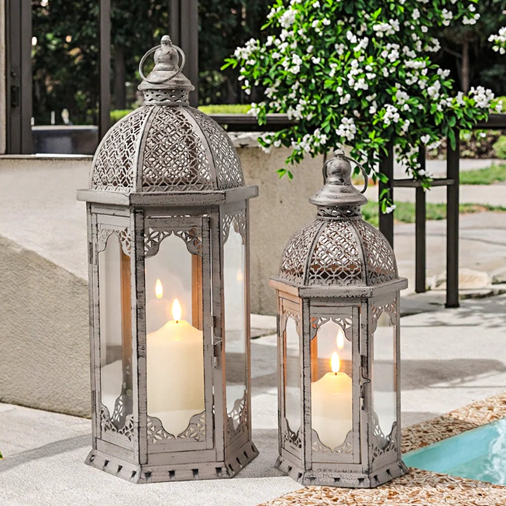 Set of 2 decorative candle lanterns with nature-inspired artwork - product view 2