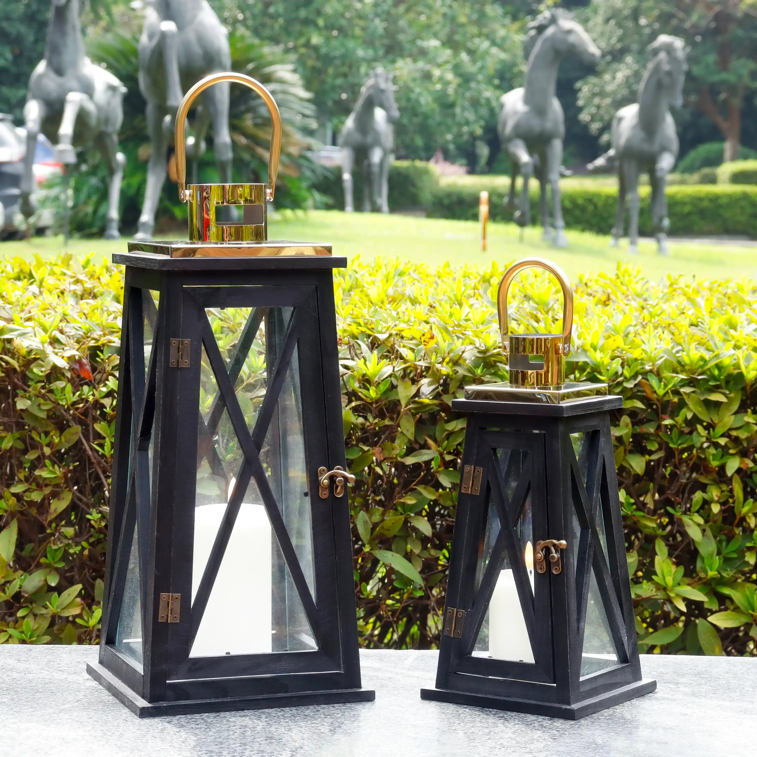 Set of 2 decorative candle lanterns with nature-inspired artwork - product view 5