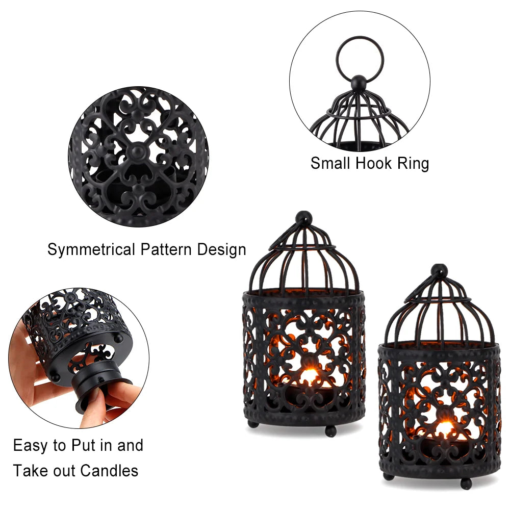 Set of 6 5.5" H Hanging Birdcage Tealight Lantern (black) candle holder with nature-inspired artwork - product view 5
