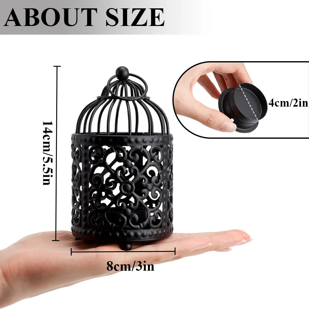 Set of 6 5.5" H Hanging Birdcage Tealight Lantern (black) candle holder with nature-inspired artwork - product view 6