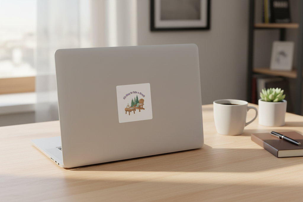 Sticker on laptop in workspace