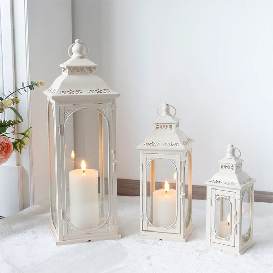 Set of 3 Decorative Vintage Candle Lanterns (White)