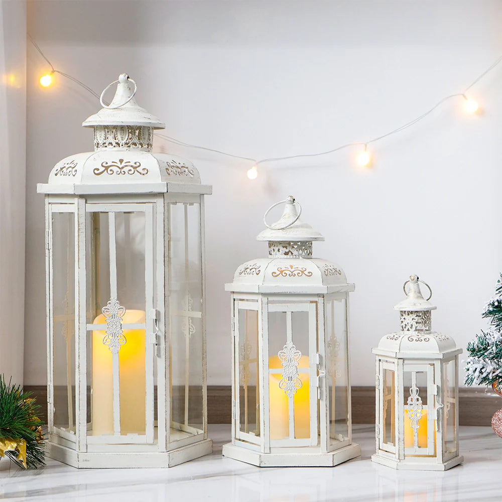 Set of 3 decorative candle lanterns with nature-inspired artwork