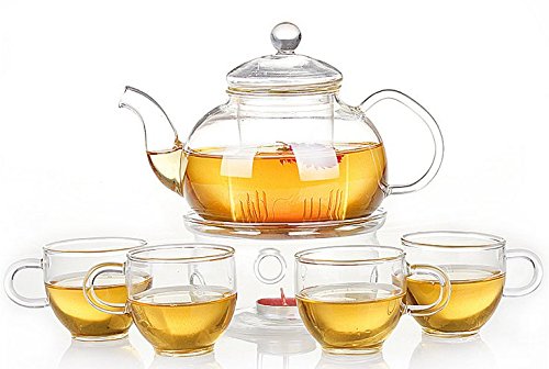 Teapot with Infuser + Warmer and 4 Cups tea set#3 with nature-inspired artwork
