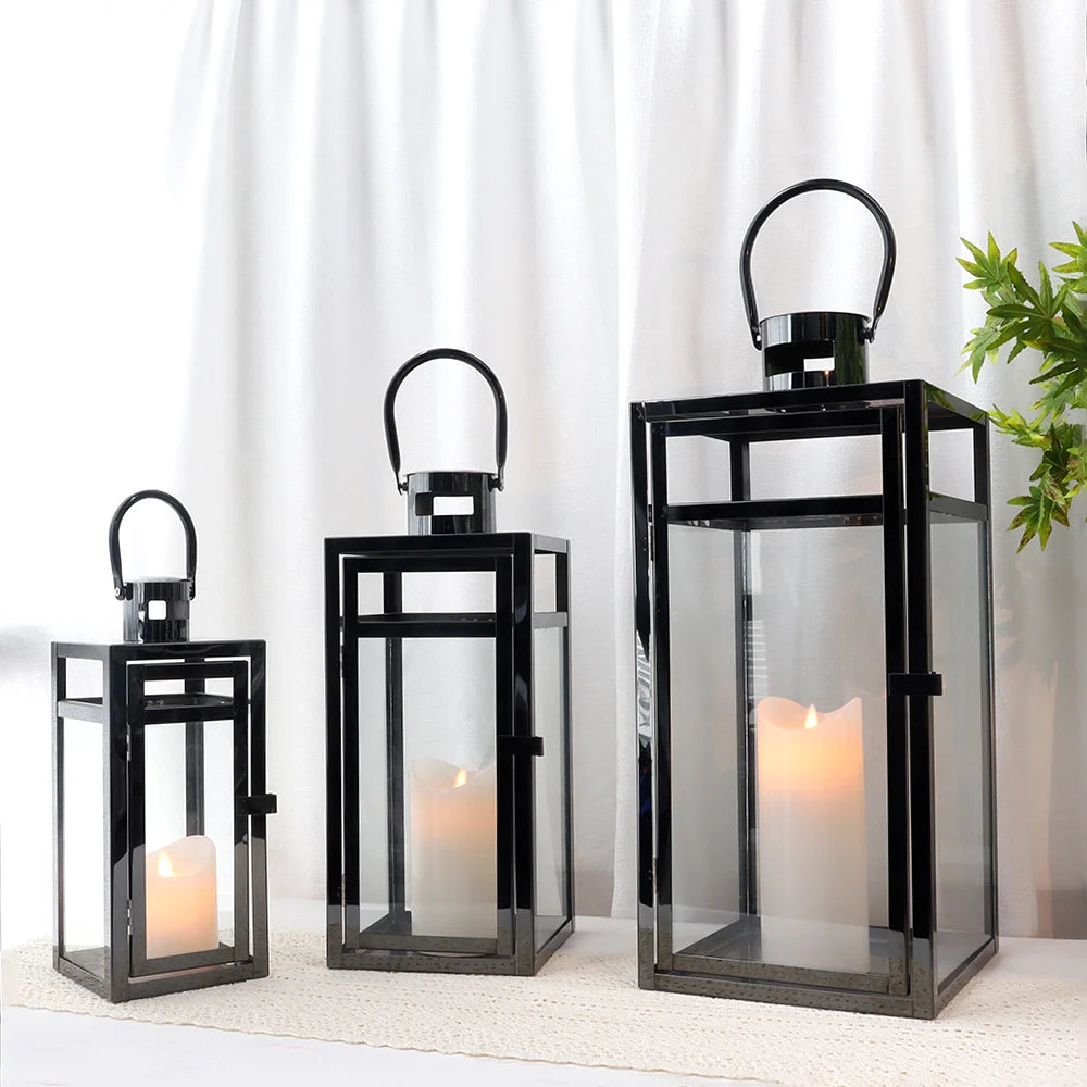  Set of 3 Stainless Steel Lantern (12/15/19'') decorative candle lanterns with nature-inspired artwork - product view 5