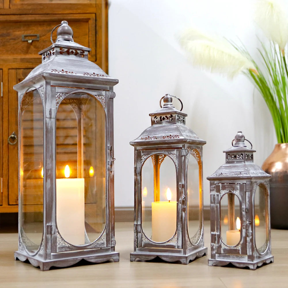 Set of 3 10/14/19.5''h Candle Lanterns(cement Grey) decorative candle lanterns with nature-inspired artwork - product view 4