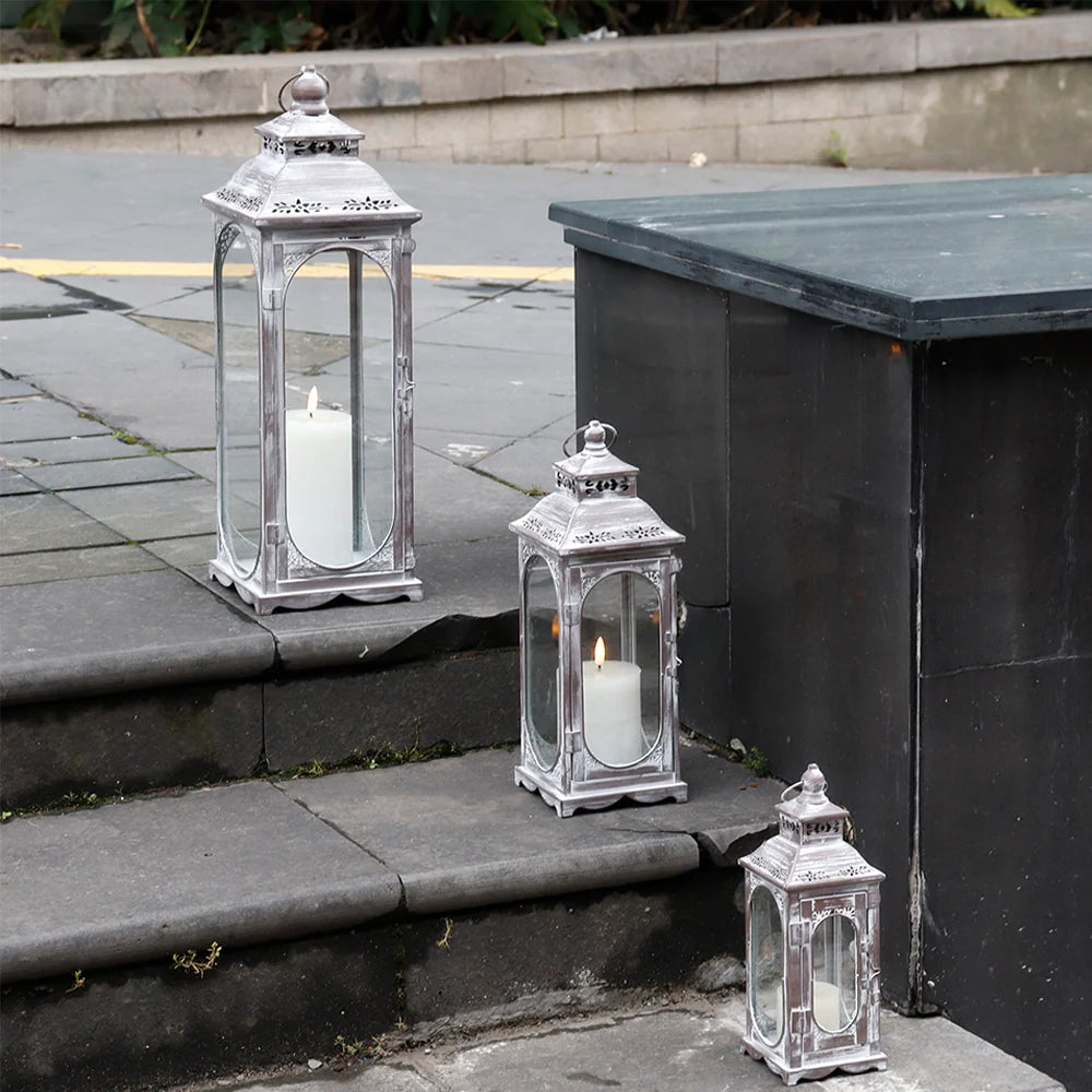 Set of 3 10/14/19.5''h Candle Lanterns(cement Grey) decorative candle lanterns with nature-inspired artwork - product view 3