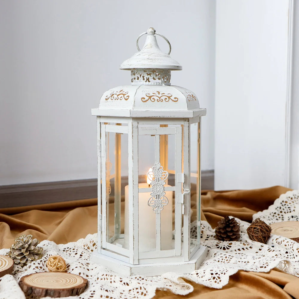 12" H Medium Candle Lantern(white with Gold Brush) decorative candle lantern with nature-inspired artwork - product view 5