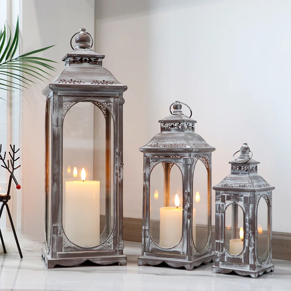 Set of 3 10/14/19.5''h Candle Lanterns(cement Grey) decorative candle lanterns with nature-inspired artwork - product view 6