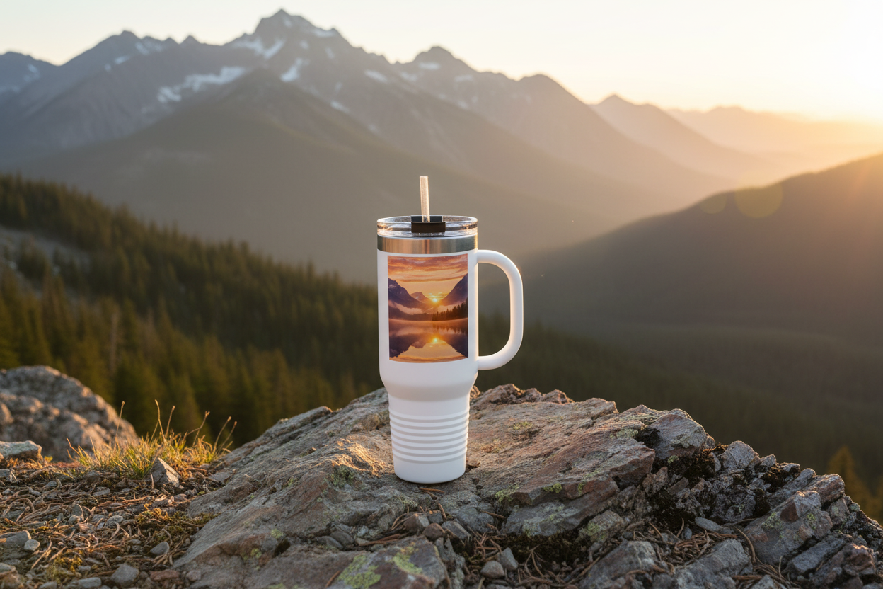 White mug outdoor mountain scene