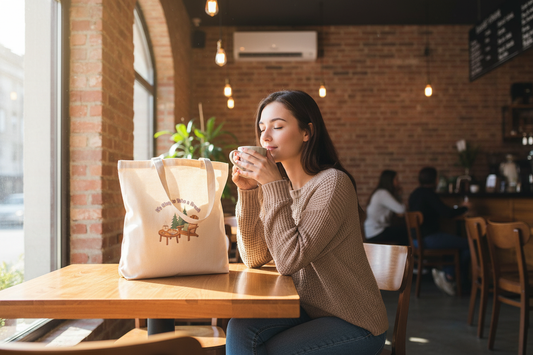 Woman in rustic coffee shop with tote bag